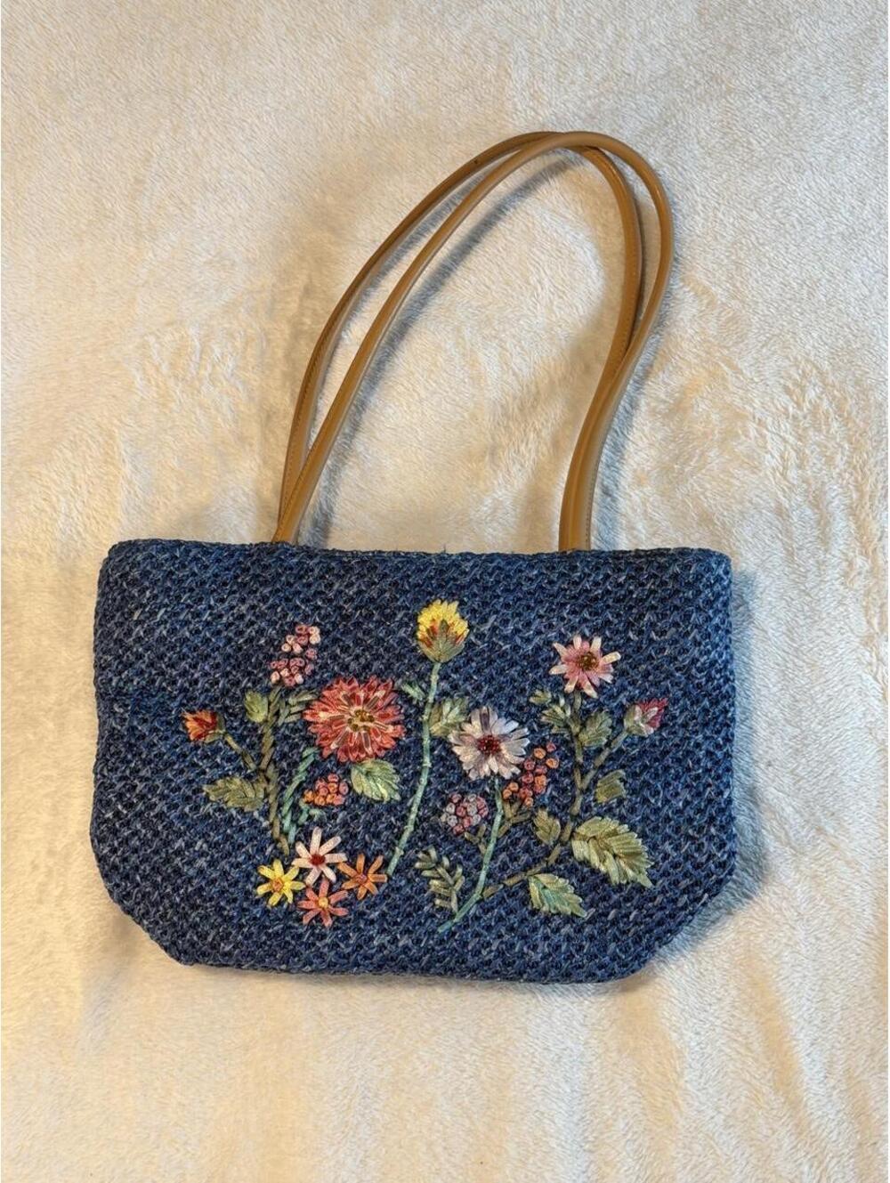 Vintage 90s Y2K Blue Straw Embroidered Floral Tote Bag Cottagecore Boho